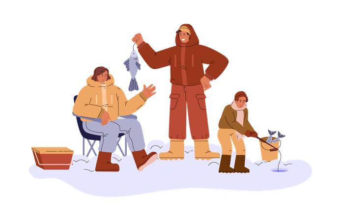Young family fishing with fishing rod surrounded by snow  Illustration