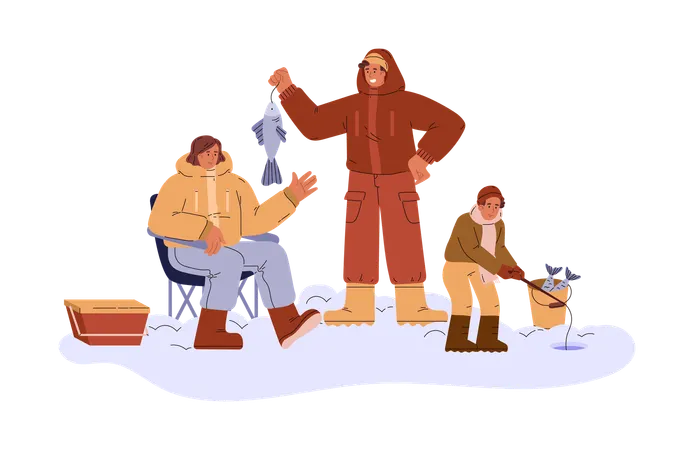 Young family fishing with fishing rod surrounded by snow  Illustration