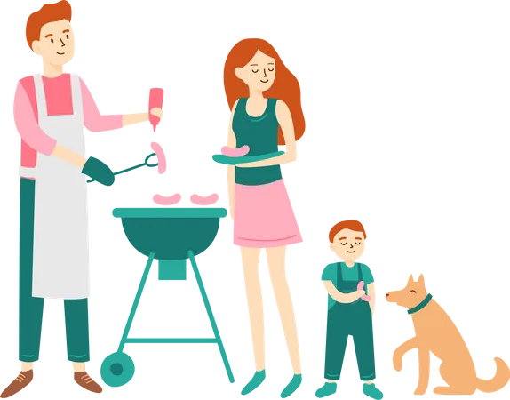Young family having BBQ together Illustration