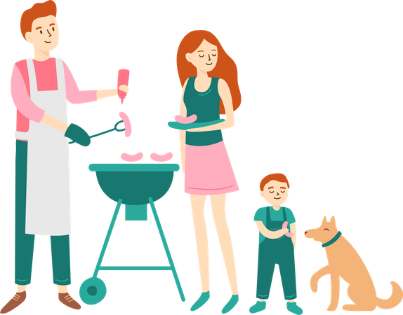 Young family having BBQ together  Illustration