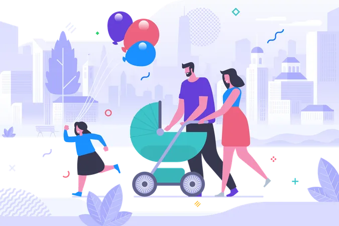 Young Family On Stroll Flat Vector Illustration Cheerful Mother Father With Kids Cartoon Characters Married Couple With Pram Little Girl Holding Festive Balloons Happy Parenthood Outdoor Leisure Illustration