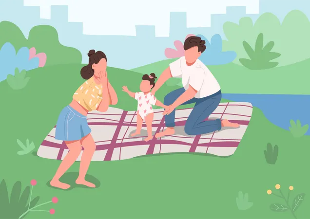 Young Family Picnic Flat Color Vector Illustration Mother Father And Child Activity On Nature Mom Dad And Baby Recreation In Urban Park 2 D Cartoon Characters With Cityscape On Background Illustration