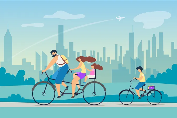 Young Family Riding Bicycles Illustration