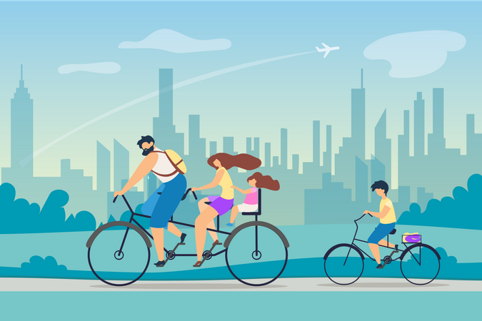 Young Family Riding Bicycles  Illustration