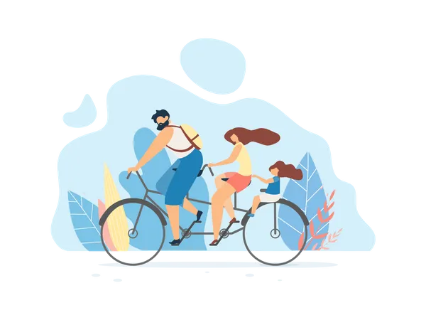 Young Family Riding Bike Illustration