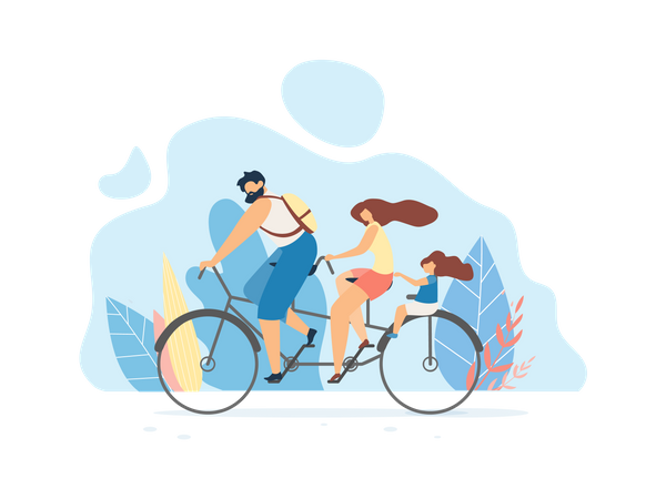 Young Family Riding Bike  Illustration