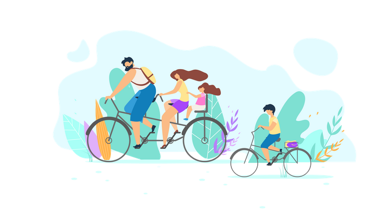 Young Family Riding Bike  Illustration