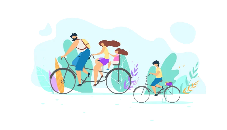 Young Family Riding Bike  Illustration