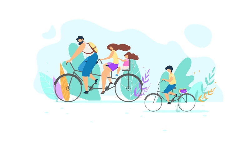 Young Family Riding Bike  Illustration
