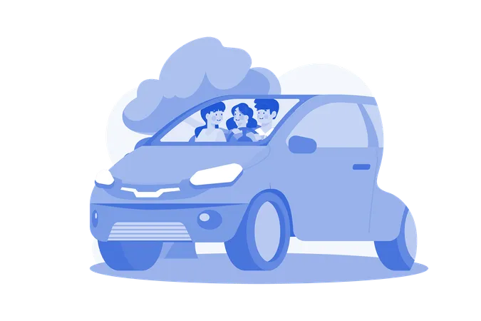 Young Family Sitting In A Car Illustration