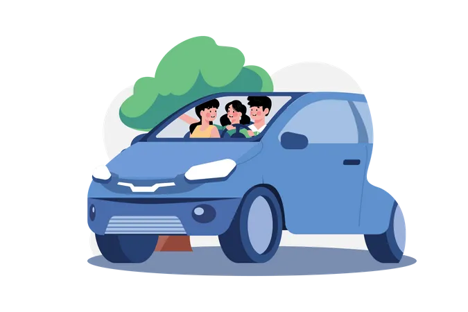 Young Family Sitting In A Car With Illustration