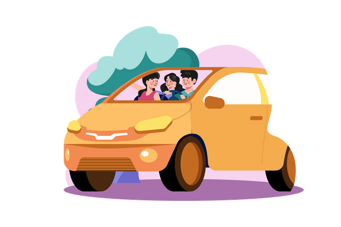 Young family sitting in a car with  Illustration
