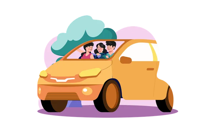 Young Family Sitting In A Car With Illustration