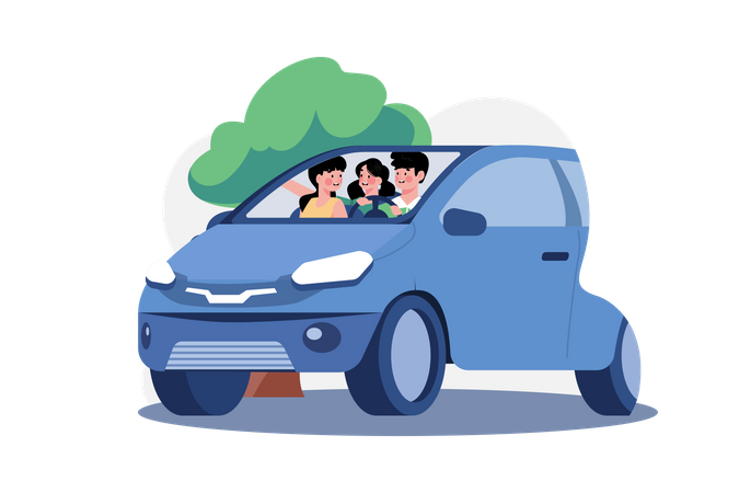 Young family sitting in a car with  Illustration