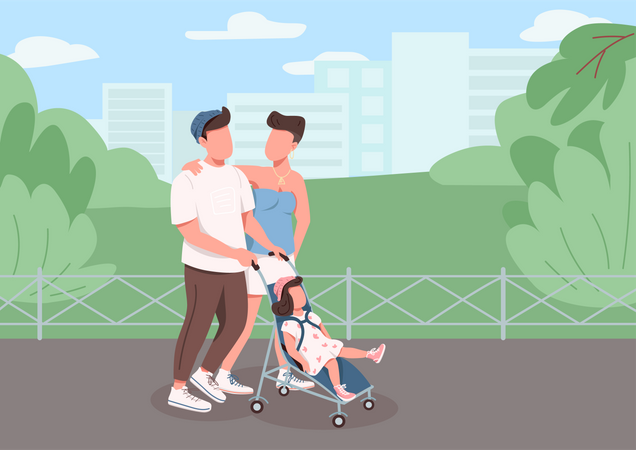 Young family walking  Illustration