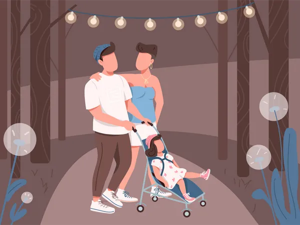 Young family walking  Illustration