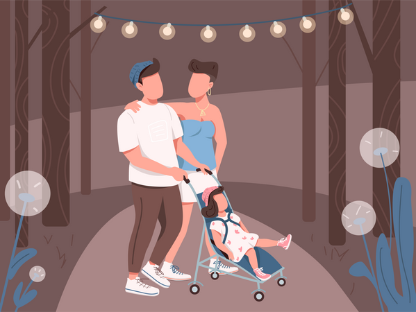 Young family walking  Illustration
