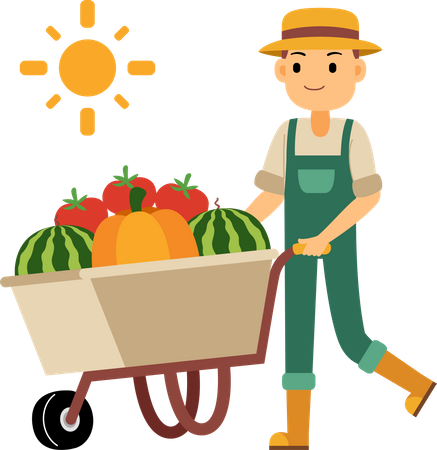 Young farmer pushing a wheelbarrow of vegetables and fruit  Illustration