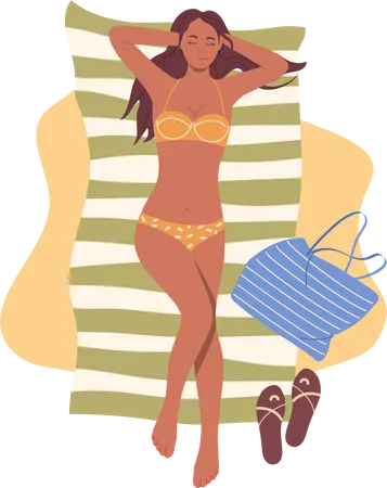 Young Fashion Woman Enjoying Summer Vacation On Seashore Sleeping While Lying On Beach Towel Cartoon Girl Character In Trendy Swimsuits Sunbathing At Seacoast Of Tropical Resort Vector Illustration Illustration