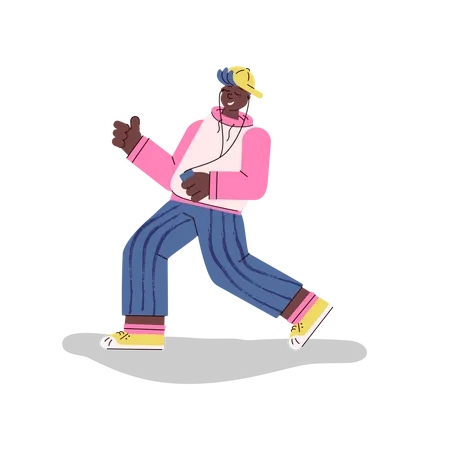 Young fashionable man or boy dances and listens to music using phone and headphones Illustration