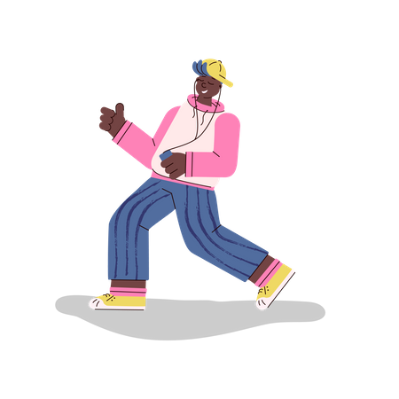 Young fashionable man or boy dances and listens to music using phone and headphones  Illustration