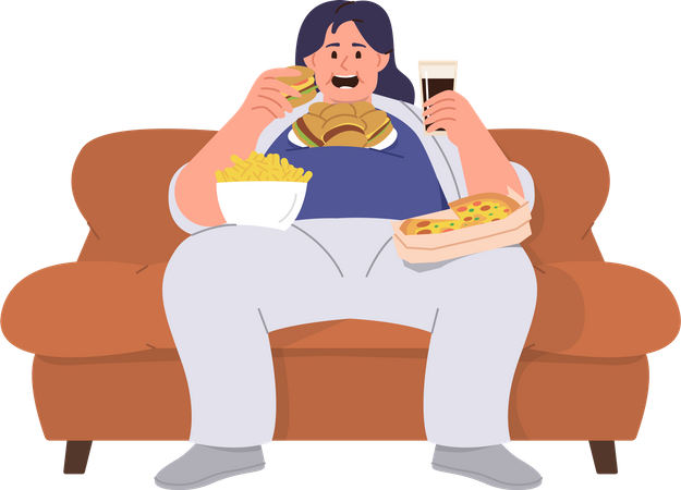 Young fat woman sitting on sofa eating fast food  Illustration