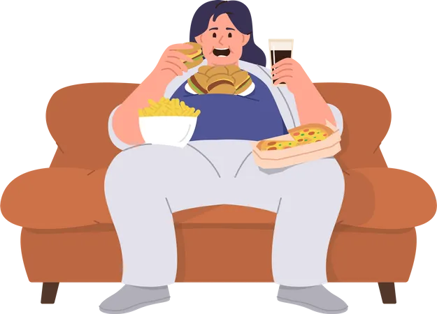 Young Fat Overweight Hungry Woman Character Sitting On Sofa Eating Pizza Fried French Fries Junk Food And Drinking Soda Having Gluttony Symptoms Vector Illustration Isolated On White Background Illustration
