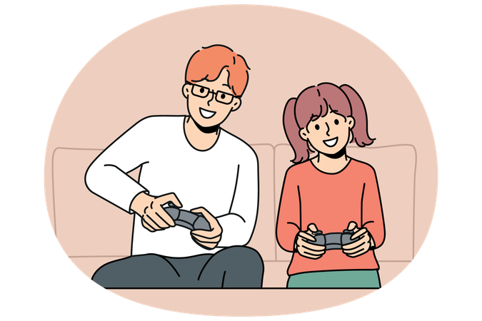 Young father and daughter have fun playing video games together at home  Illustration