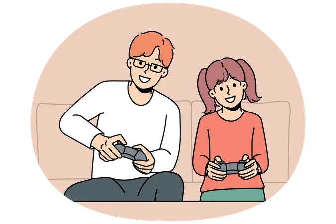 Young father and daughter have fun playing video games together at home  Illustration