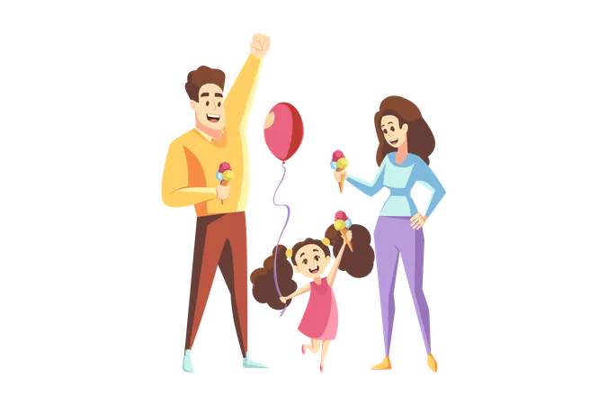 Fatherhood Motherhood Family Holiday Concept Young Man Father And Woman Mother With Ice Cream Balls With Child Kid Daughter With Air Baloon Standing Together Leisure Time Happy Household Vector Illustration