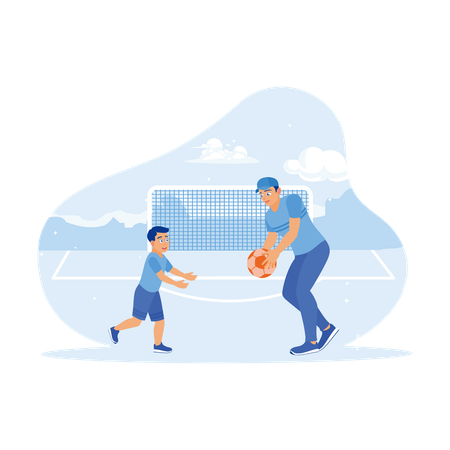 Young Father And Son Playing Football On Field  Illustration