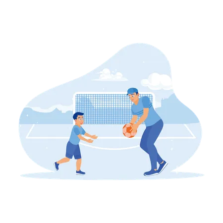 Young Father And Son Playing Football On Field  Illustration