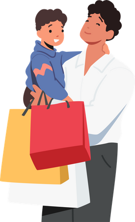 Young Father And Son With Shopping Bags  Illustration