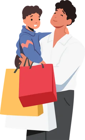 Young Father Character Laden With Shopping Bags Cradles His Curious Toddler In His Arm Isolated On White Background Heartwarming Scene Of Parenthood And Joy Cartoon People Vector Illustration Illustration
