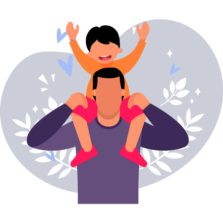 Young father carries child on his shoulder  Illustration
