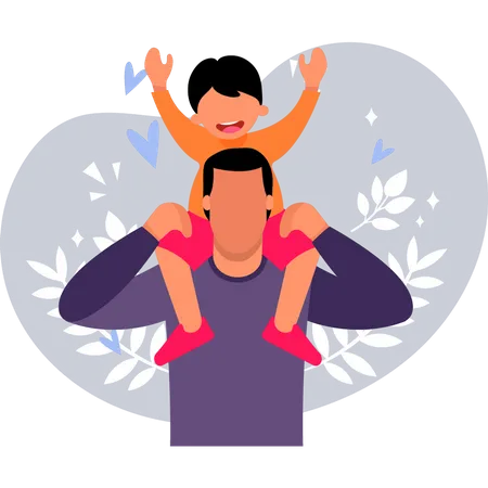 Young father carries child on his shoulder  Illustration