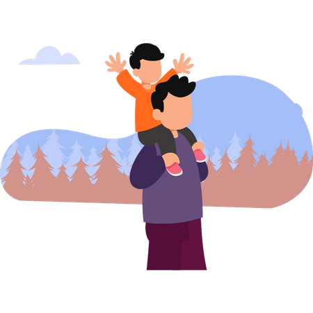 Young father carries son on his shoulders  Illustration