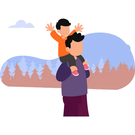 Young father carries son on his shoulders  Illustration