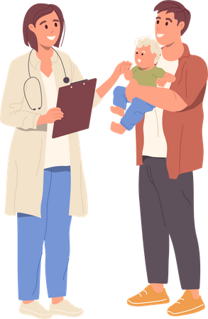 Young father carrying newborn baby visiting doctor pediatrician  Illustration