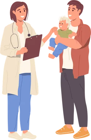 Young father carrying newborn baby visiting doctor pediatrician  Illustration