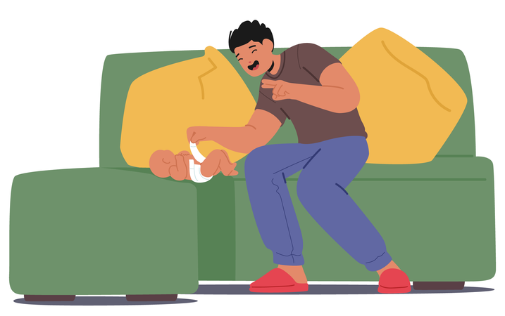 Young Father Character Happily Changes His Newborn Baby Diaper On A Comfortable Couch, Emphasizing Parenthood  Illustration