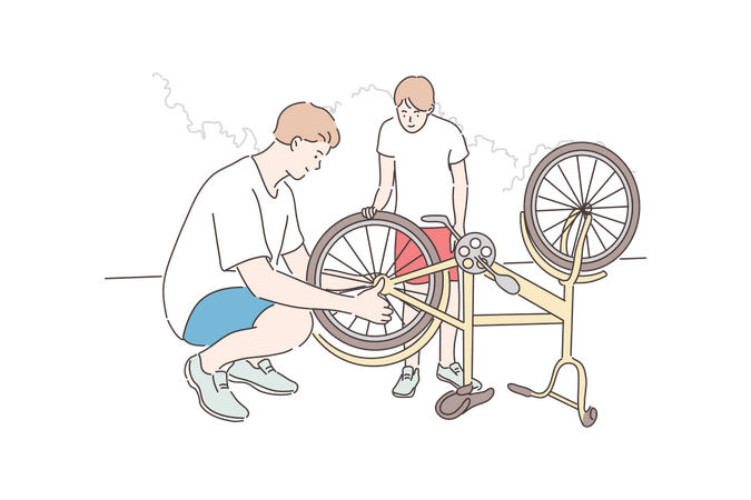 Young father helping son to repairing bike wheel  Illustration