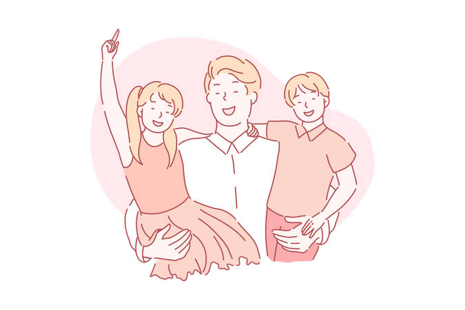 Young father holding his happy children in his arms  Illustration
