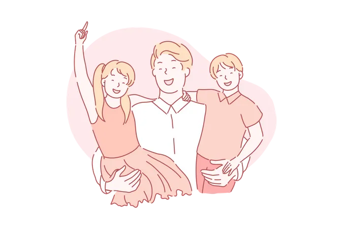 Fathers Day Fatherhood Holiday Concept A Loving Young Father Holds His Happy Children In His Arms Laughing Daughter And Son Hug Their Dad Vector Flat Design Illustration