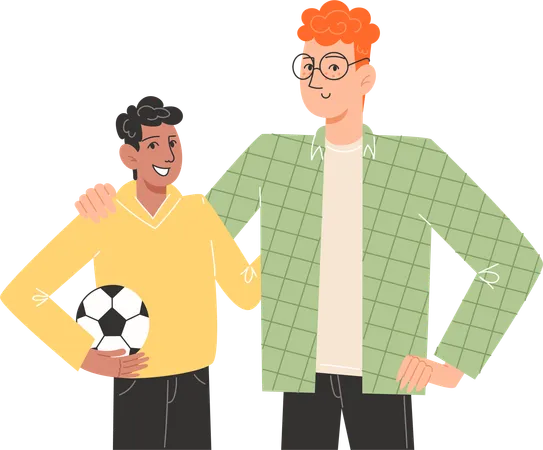 Young Father Hugs His Son Holding A Soccer Ball Illustration