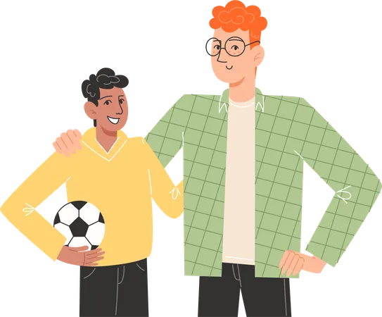 Young father hugging his son holding  soccer ball  Illustration