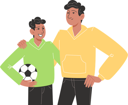 Young father hugging son holding  soccer ball  Illustration