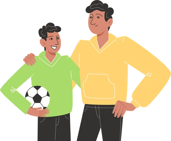 Young Father Hugs Her Son Holding A Soccer Ball Illustration