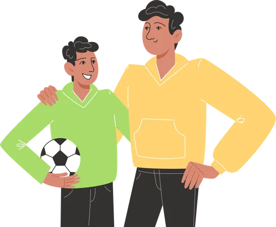 Young father hugging son holding  soccer ball  Illustration