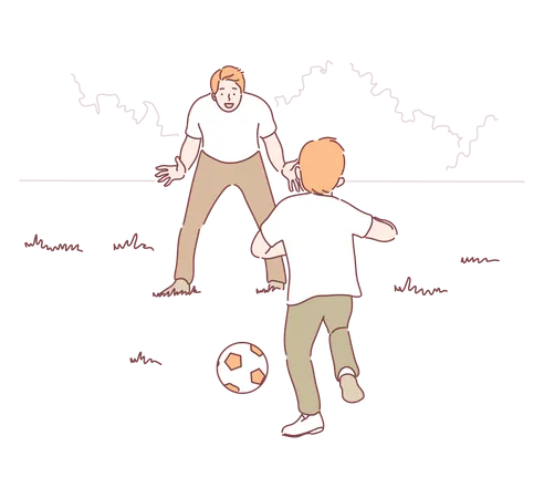 Sport Football Family Fatherhood Childhood Concept Cartoon Characters Young Man Father Playing Football With Boy Child Kid In Park Outdoor Holiday Recreation And Active Lifestyle Leisure Time Illustration
